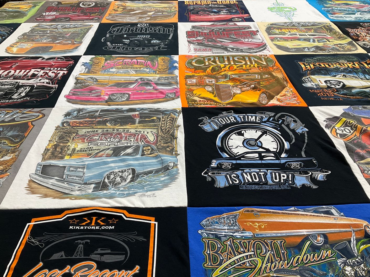T-shirt quilt with car shows, custom cars themes by Carla from LA
