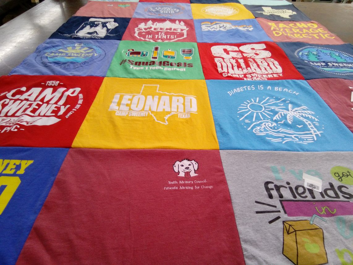 T-shirt quilt with diabetes awareness, camping themes by Stacey from TX