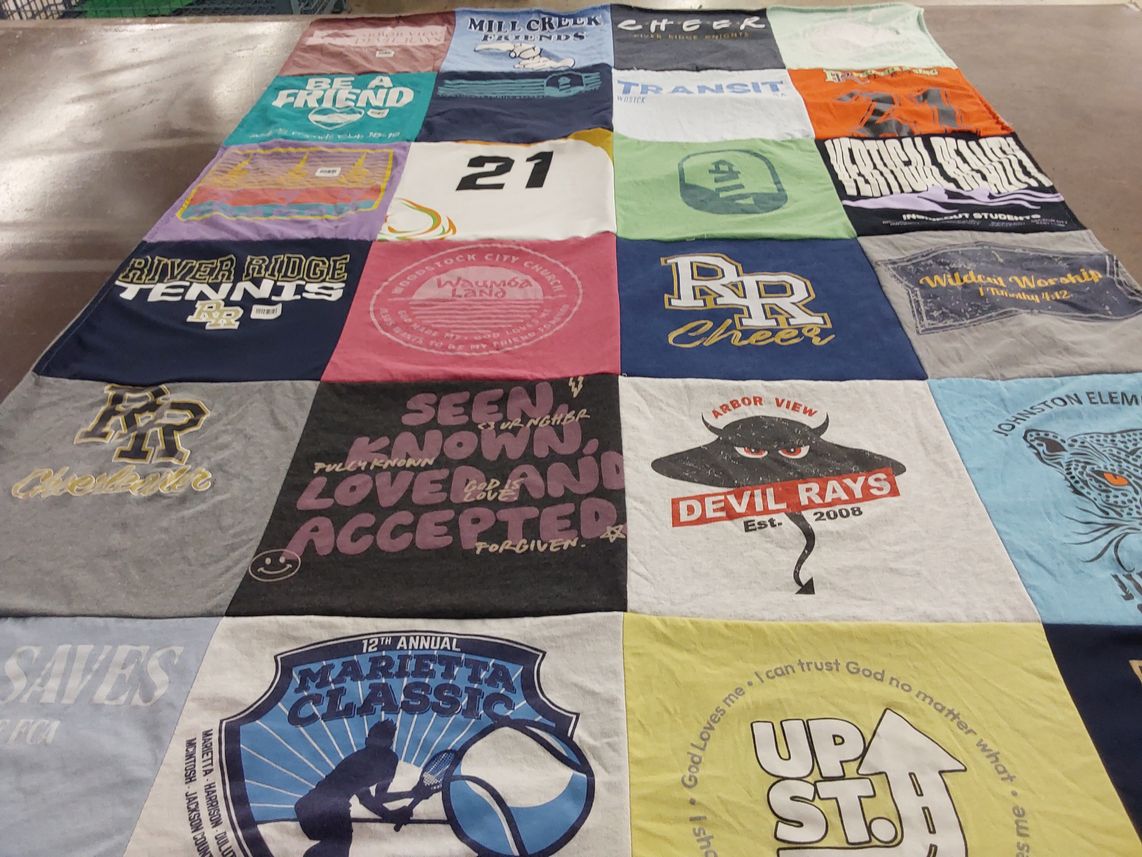 T-shirt quilt featuring river ridge high school cheer, arbor view high school devil rays by Tiffany from GA
