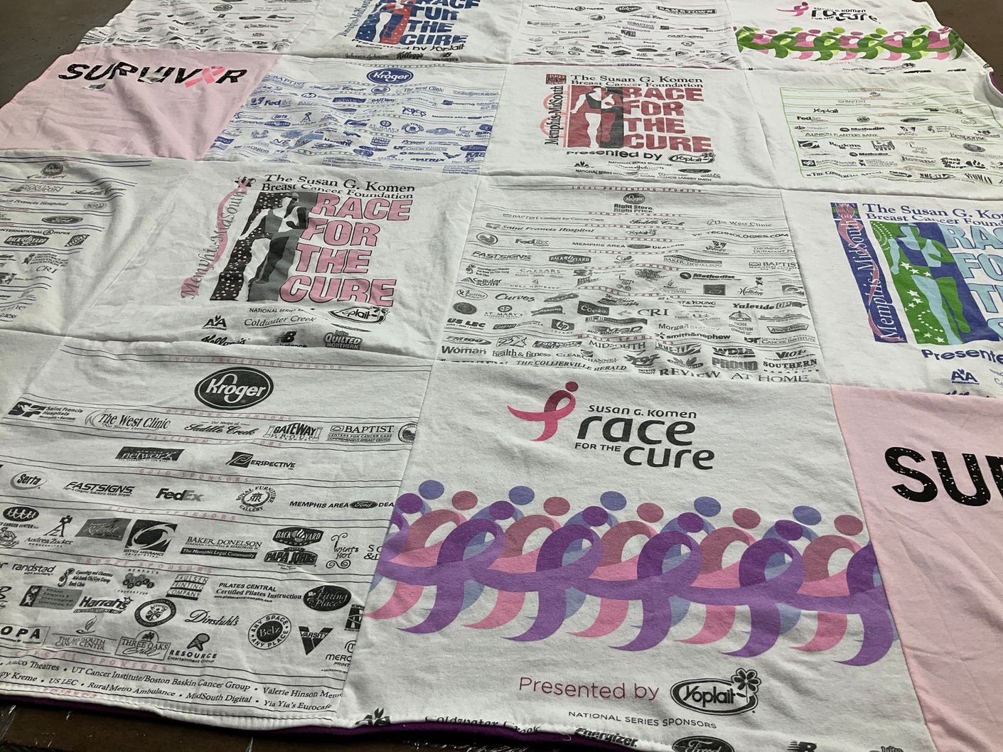 T-shirt quilt with breast cancer awareness, fundraising themes by Edward from TX