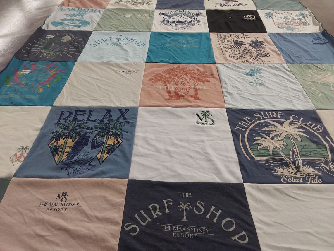 T-shirt quilt with surfing, beach life themes by Lauryn from FL