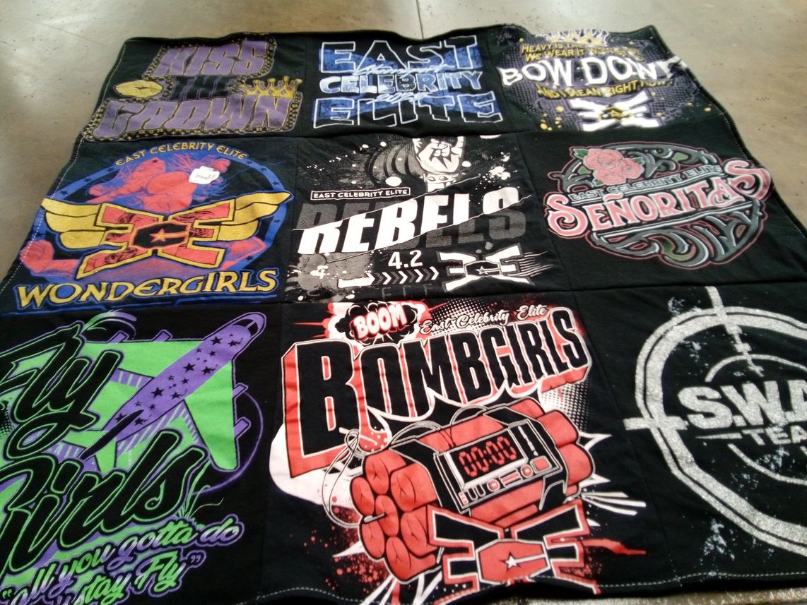T-shirt quilt with dance, cheerleading themes by Stephanie from MA