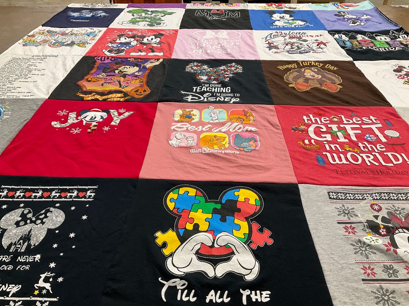 T-shirt quilt with disney, holidays themes by Joanie from CA