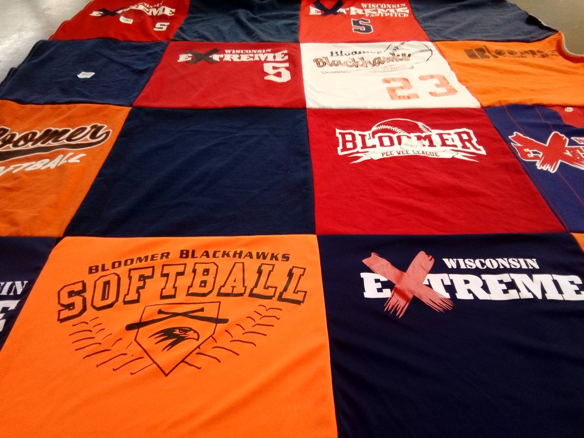 T-shirt quilt featuring bloomer blackhawks by Terri from WI