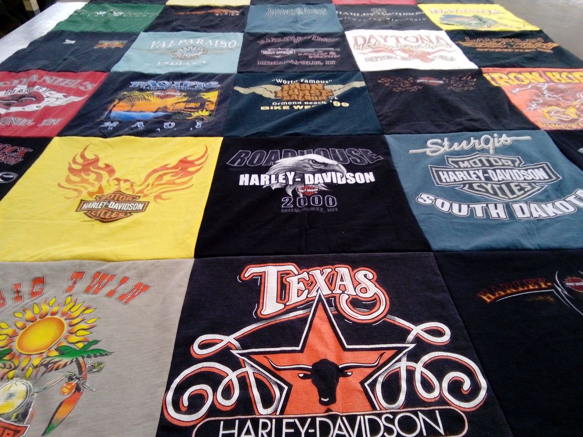 T-shirt quilt with motorcycles, biking themes by Tim from IN