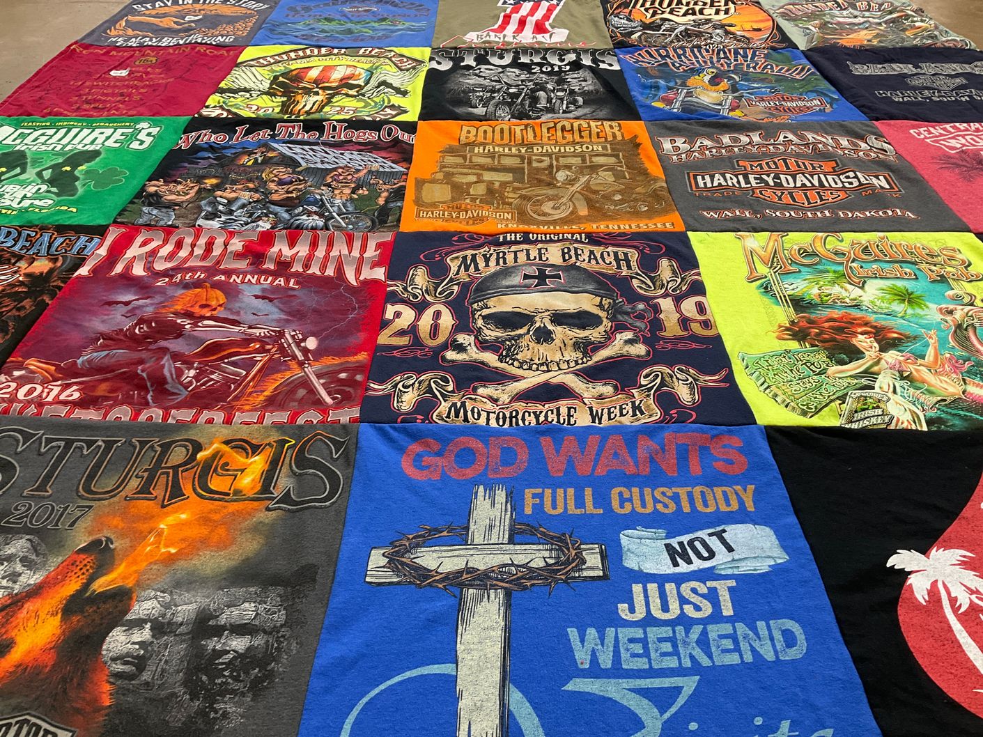 T-shirt quilt with motorcycles, biking themes by Gail from FL