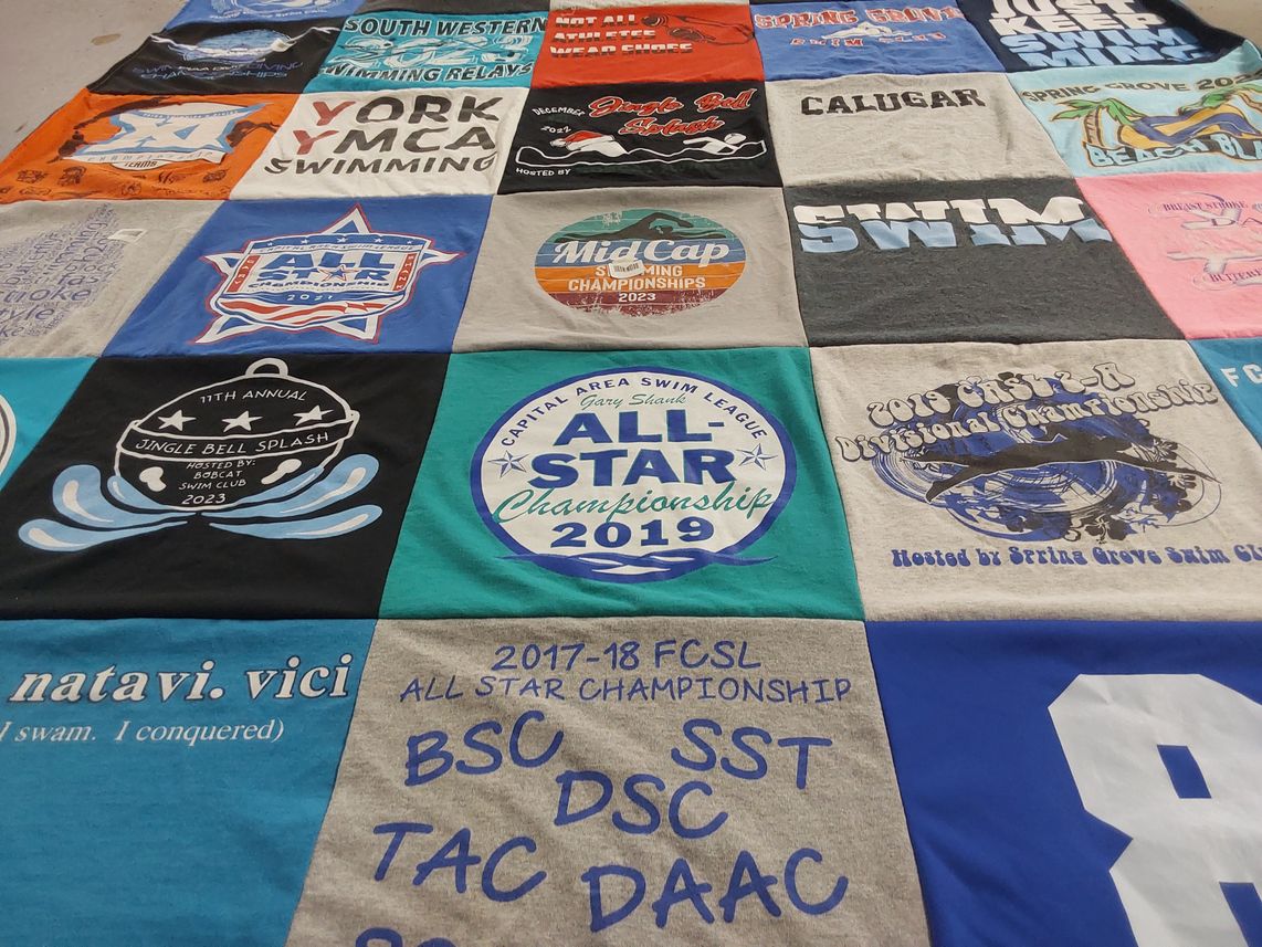 T-shirt quilt with swimming, sports themes by Gabriela from PA