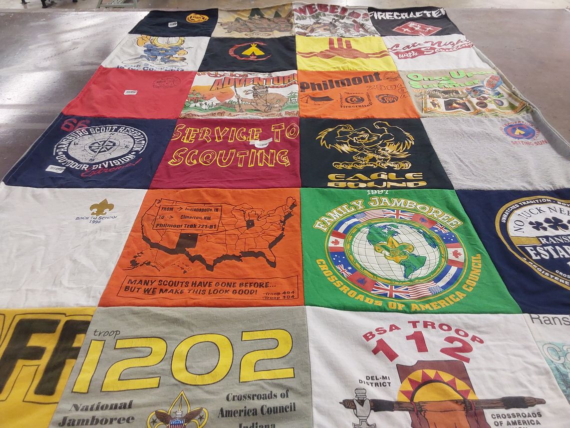 T-shirt quilt with scouting, outdoor activities themes by Mary from IN