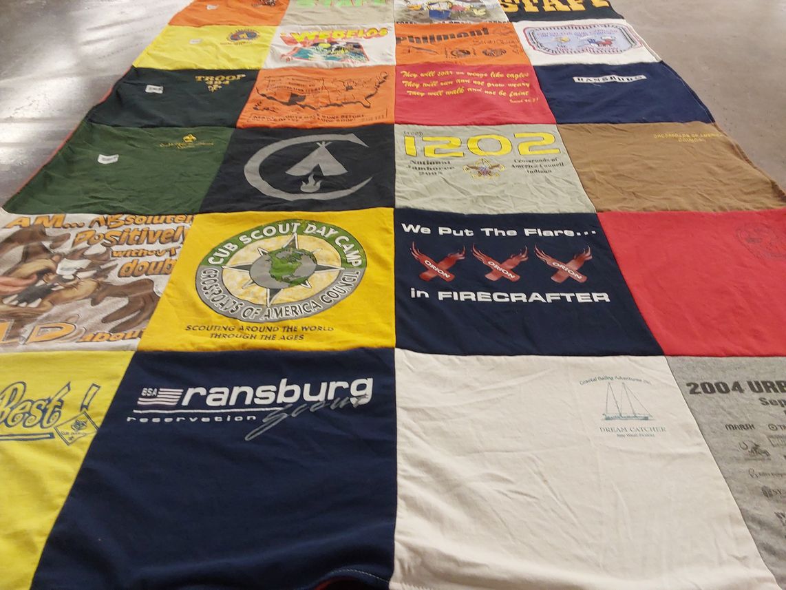 T-shirt quilt with scouting, camping themes by Mary from IN