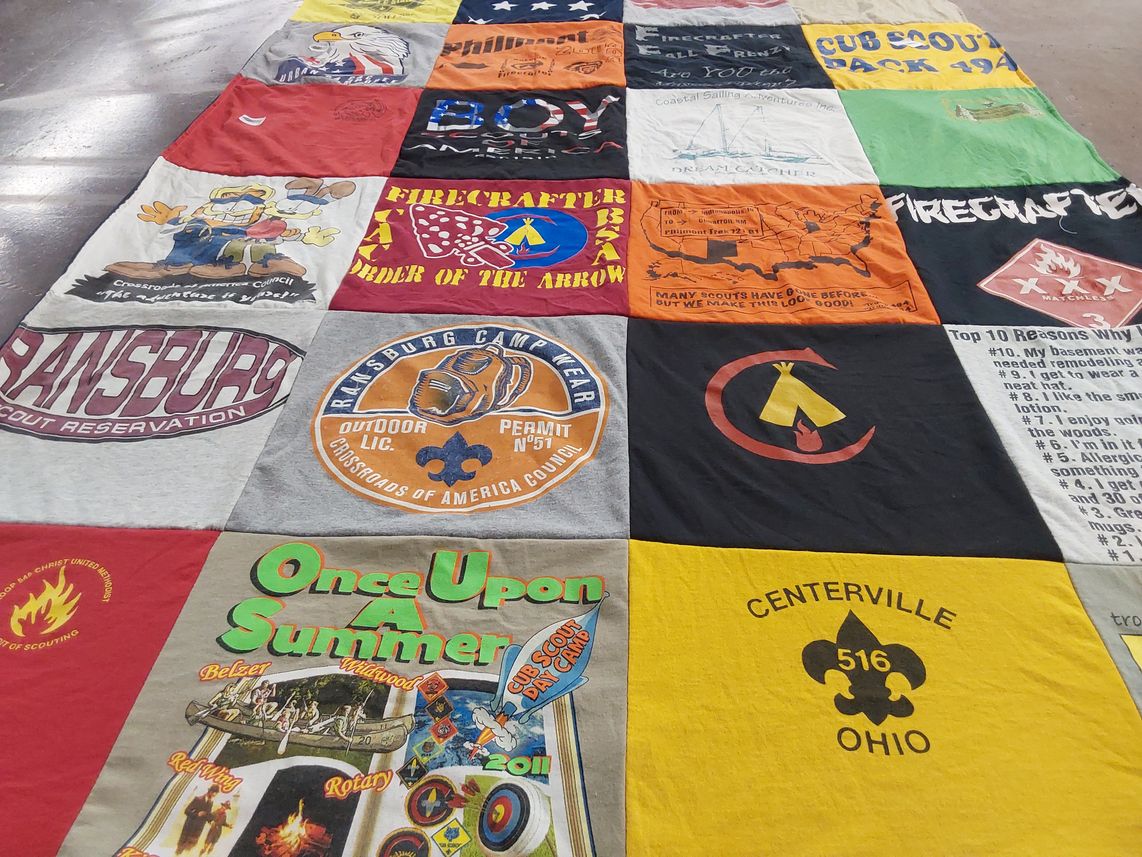 T-shirt quilt with scouting, camping themes by Mary from IN