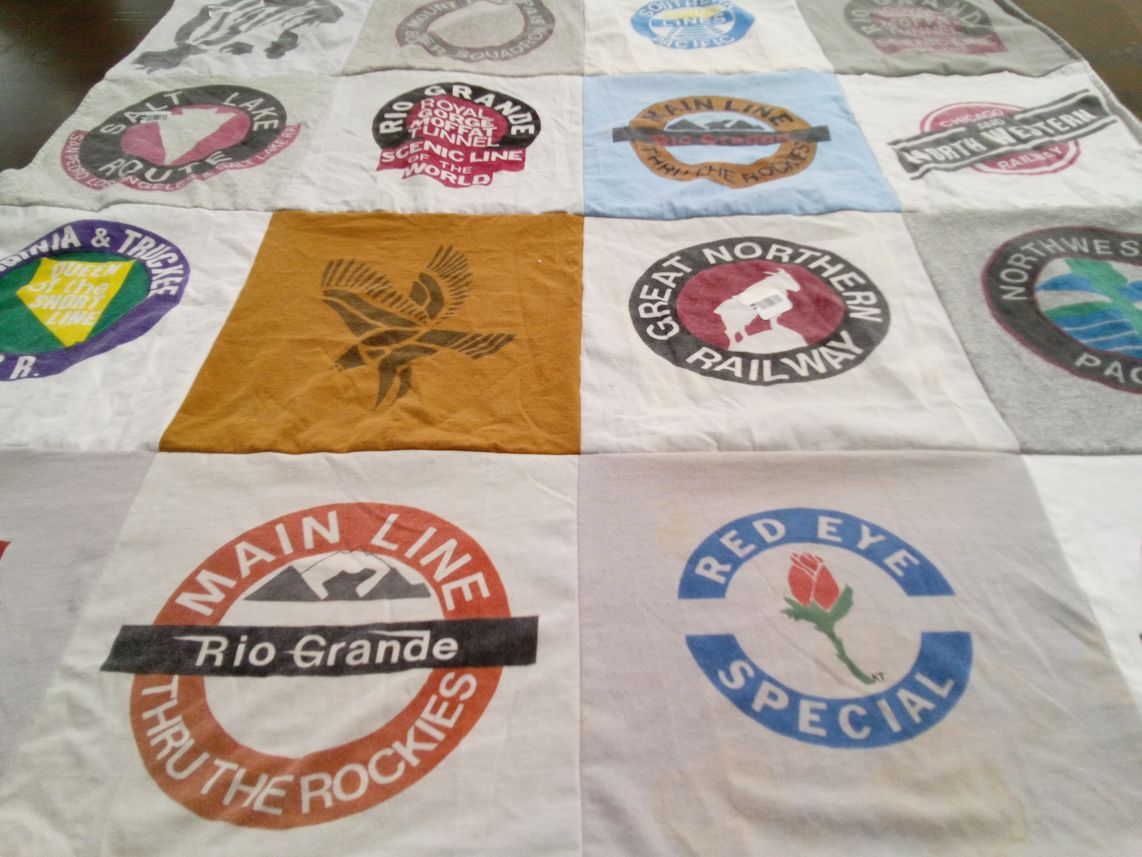 T-shirt quilt with railroads, trains themes by KT from CA
