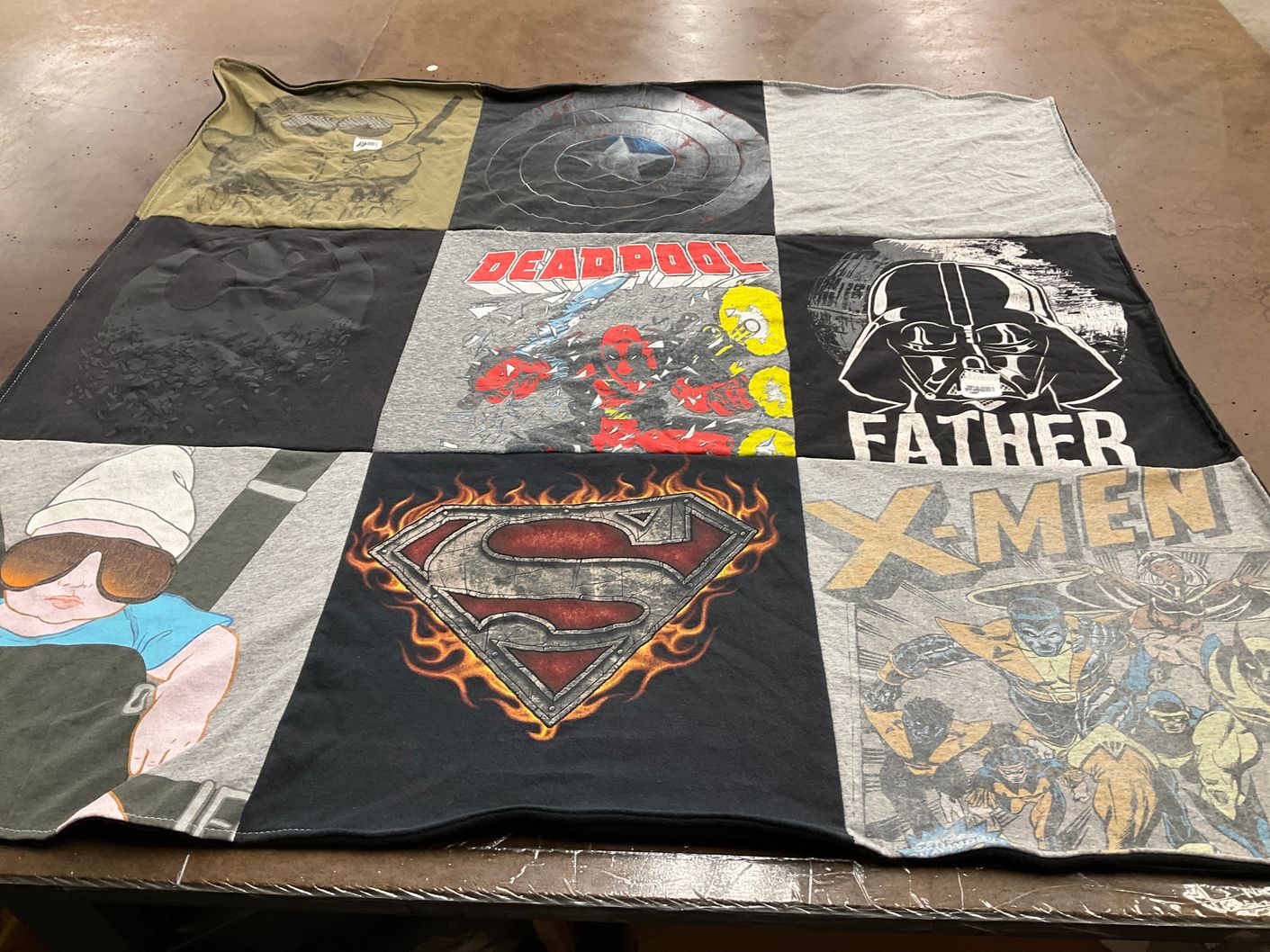 T-shirt quilt with comics, superheroes themes by teresa from CA