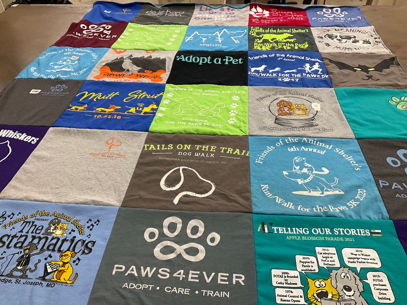 T-shirt quilt with animal welfare, pet adoption themes by Whitney from NC