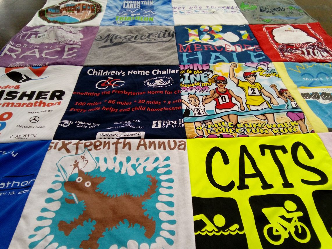 T-shirt quilt with running, charity themes by Anita from AL