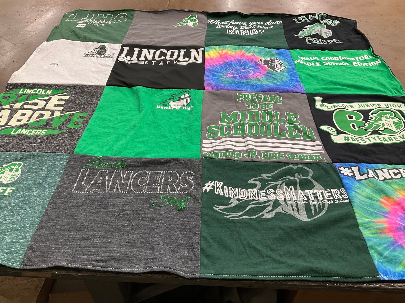 T-shirt quilt from lincoln junior high school, lincoln high school by Kristen from IL