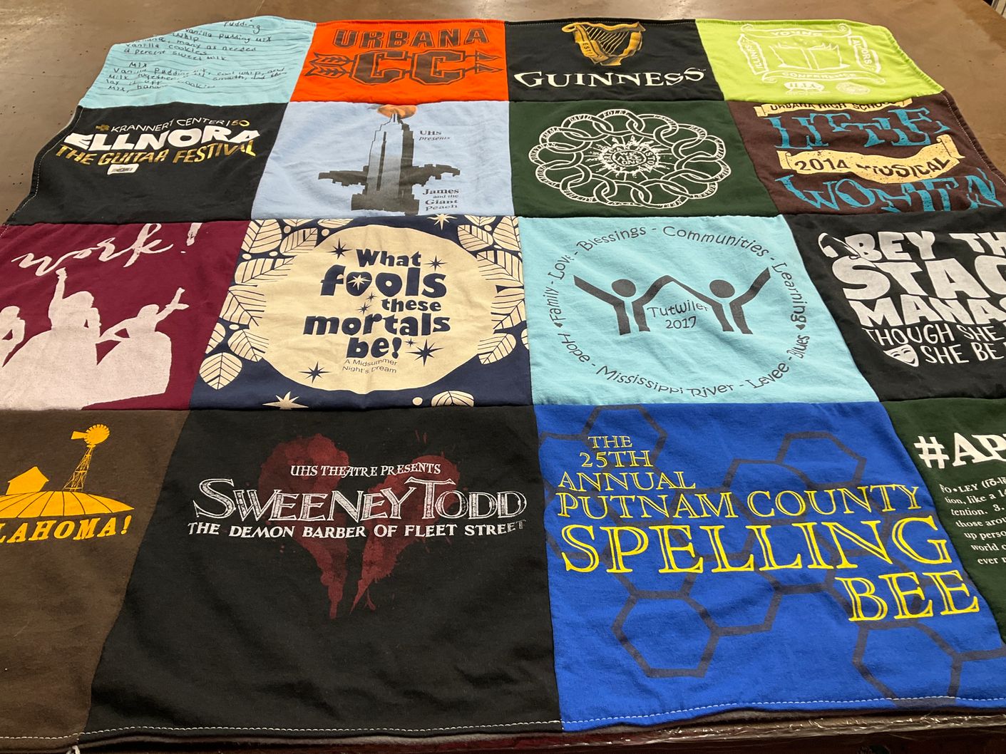 T-shirt quilt with theater, music themes by Jenna from MD