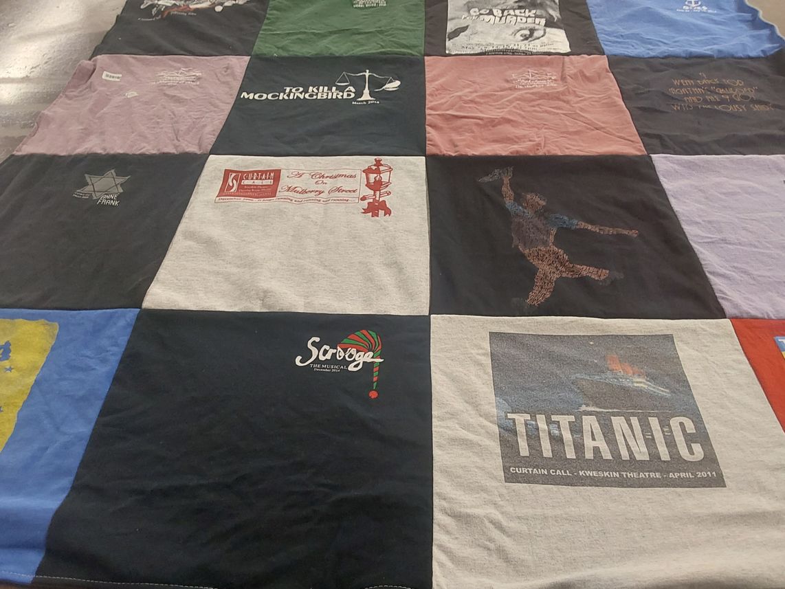 T-shirt quilt with theatre, musicals themes by Stephen from CT