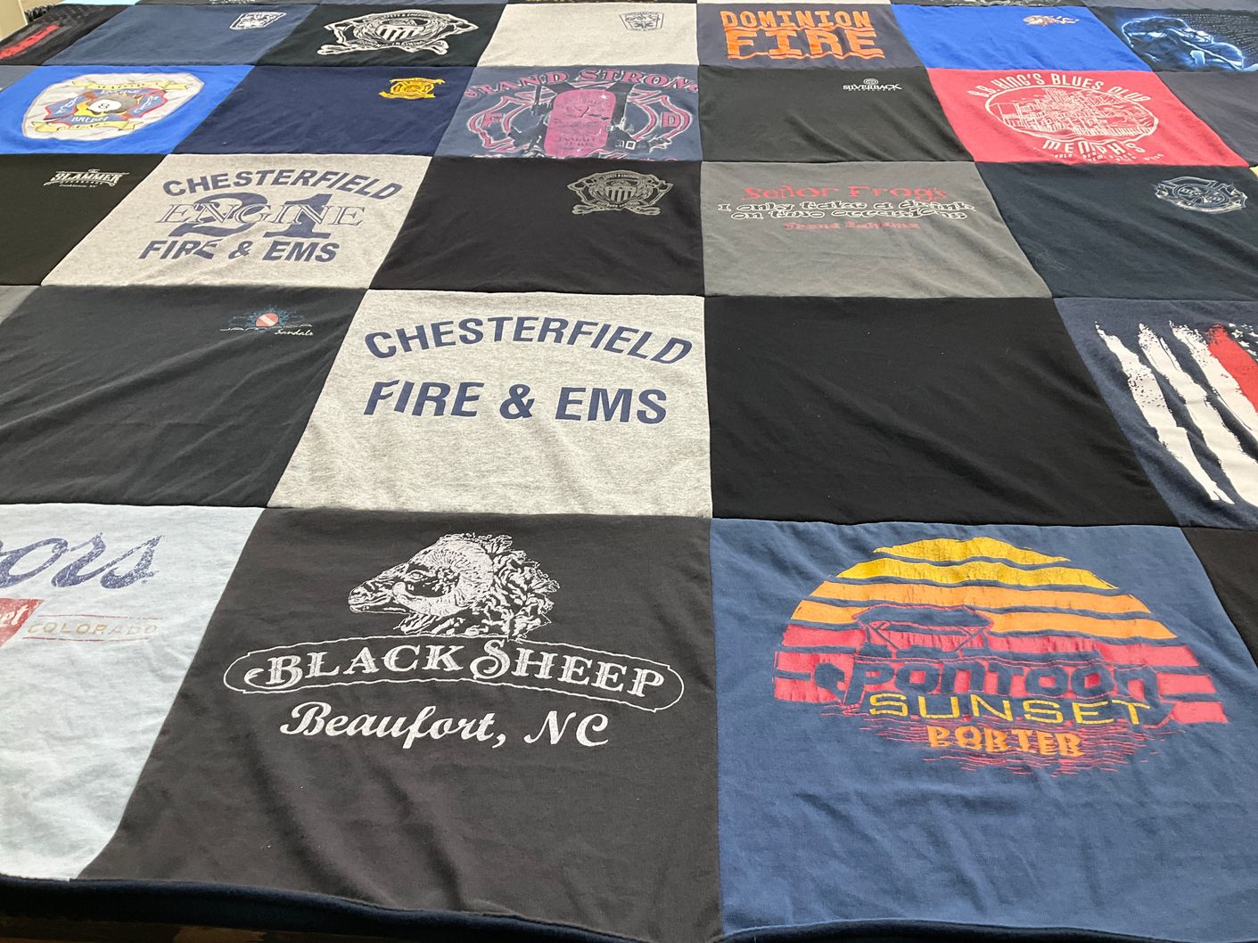 T-shirt quilt with firefighting, boating themes by Sandra from VA