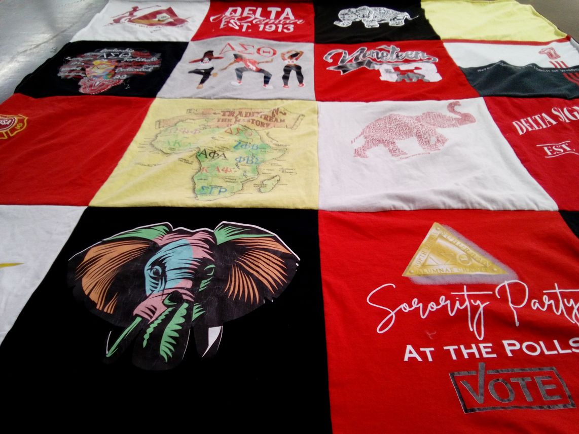 T-shirt quilt with sisterhood, sororities themes by Sherri from TX