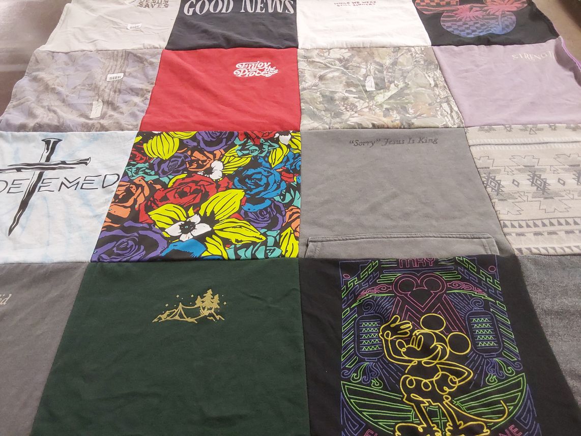 T-shirt quilt with religion, nature themes by Yvette from CO