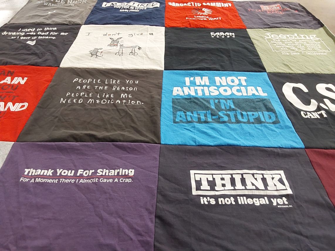 T-shirt quilt with humor, mental health themes by Christine from WA