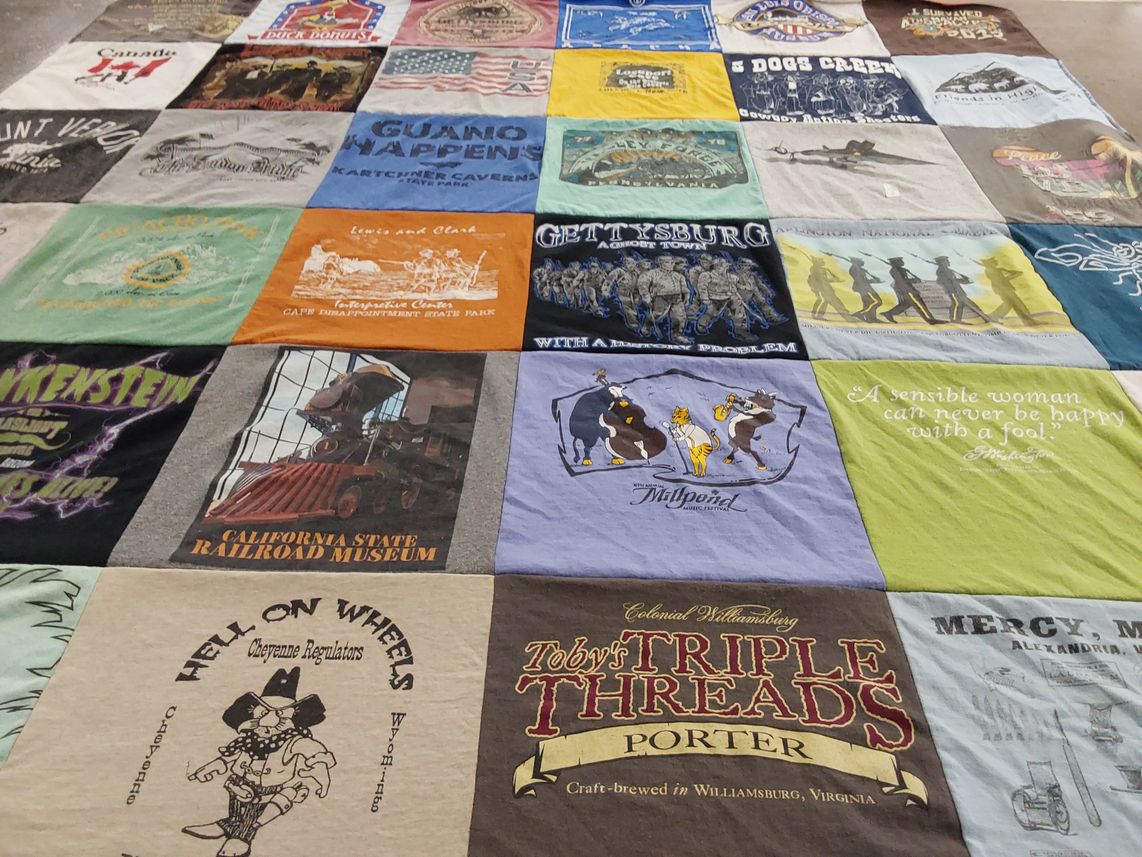 T-shirt quilt with history, railroads themes by Kathleen from CA