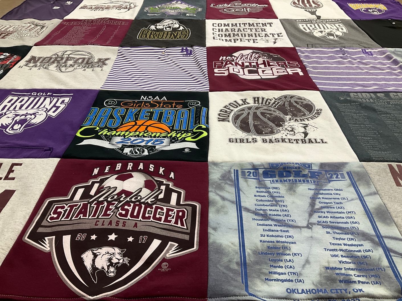 T-shirt quilt featuring norfolk panthers, norfolk bruins by Allison from NE