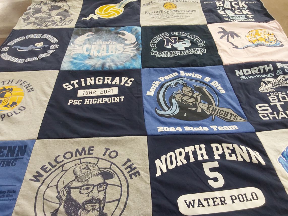 T-shirt quilt featuring north penn swim and dive team, north penn water polo team by Stephanie from PA