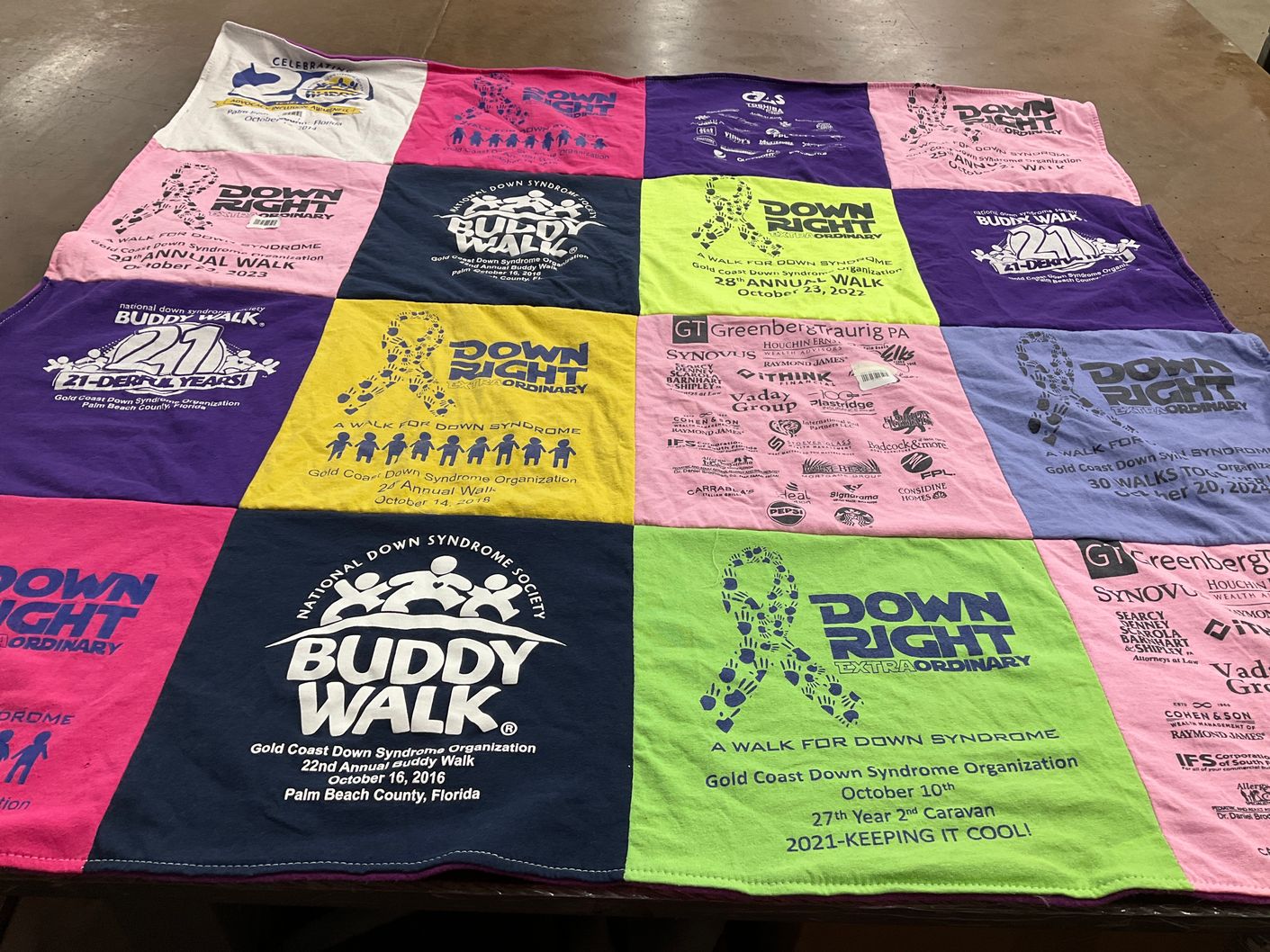 T-shirt quilt with down syndrome awareness, charity themes by Kelly from FL