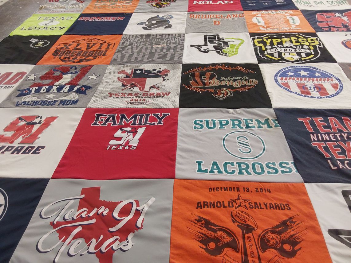 T-shirt quilt with lacrosse, sports themes by Tiffany from TX