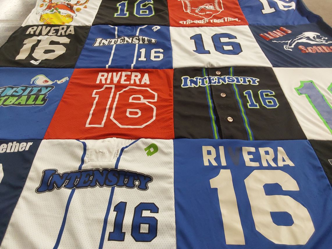T-shirt quilt with sports, softball themes by Stephanie from FL