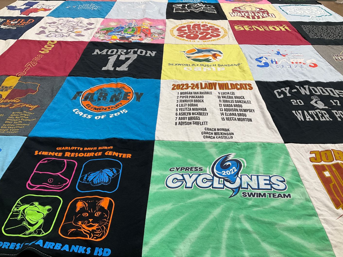 T-shirt quilt featuring cypress cyclones swim team, lady wildcats by Lauryn from TX