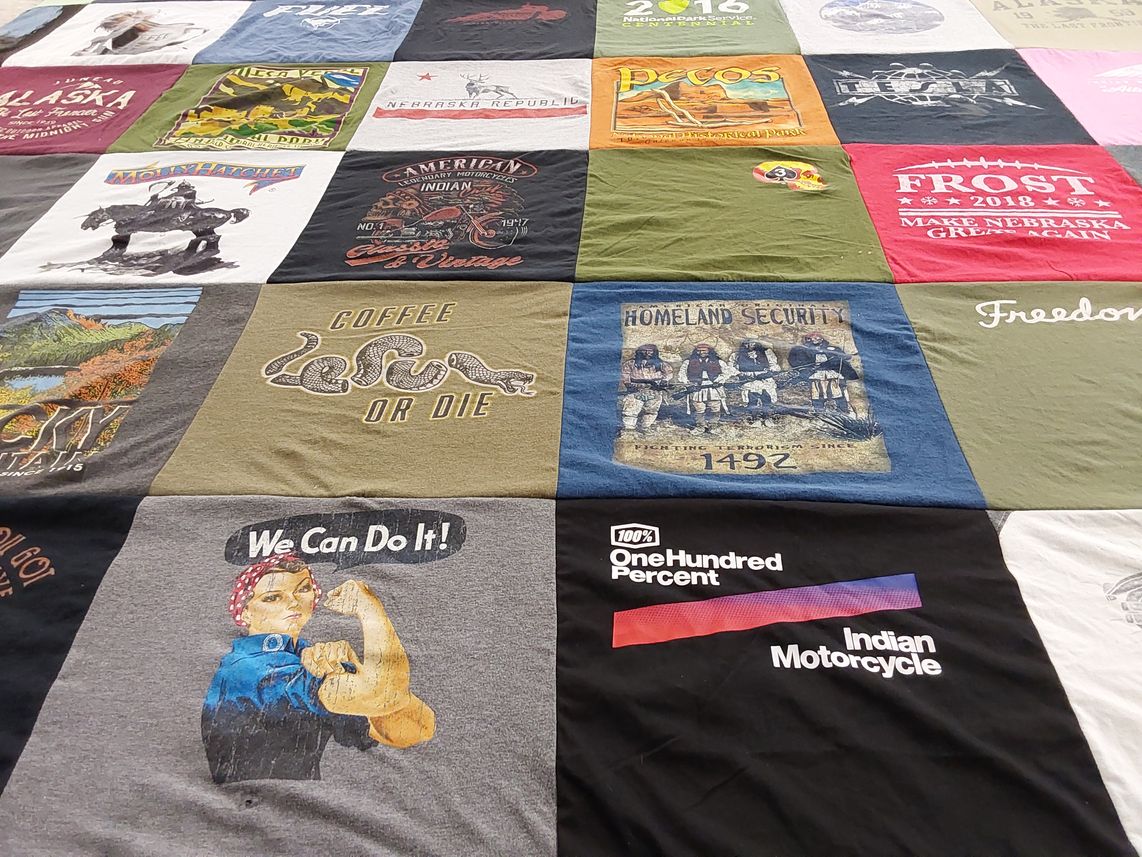 T-shirt quilt with motorcycles, patriotism themes by Brandie from NM