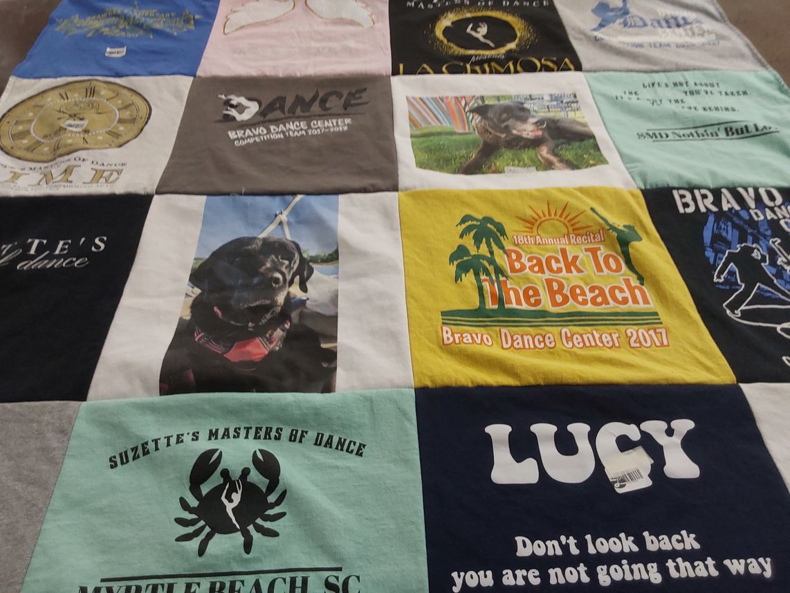 T-shirt quilt with dance, pets themes by Noelle from MI