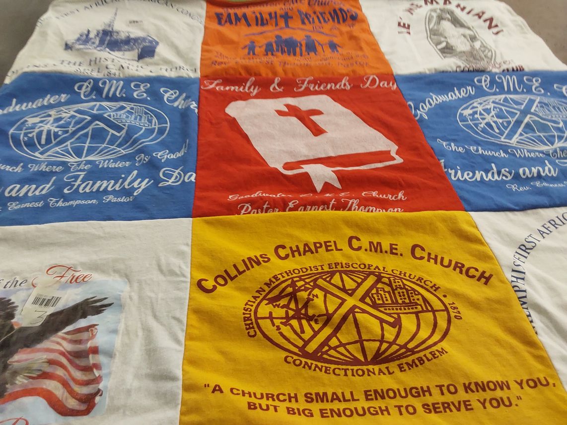 T-shirt quilt with community, church activities themes by Carrie from TN