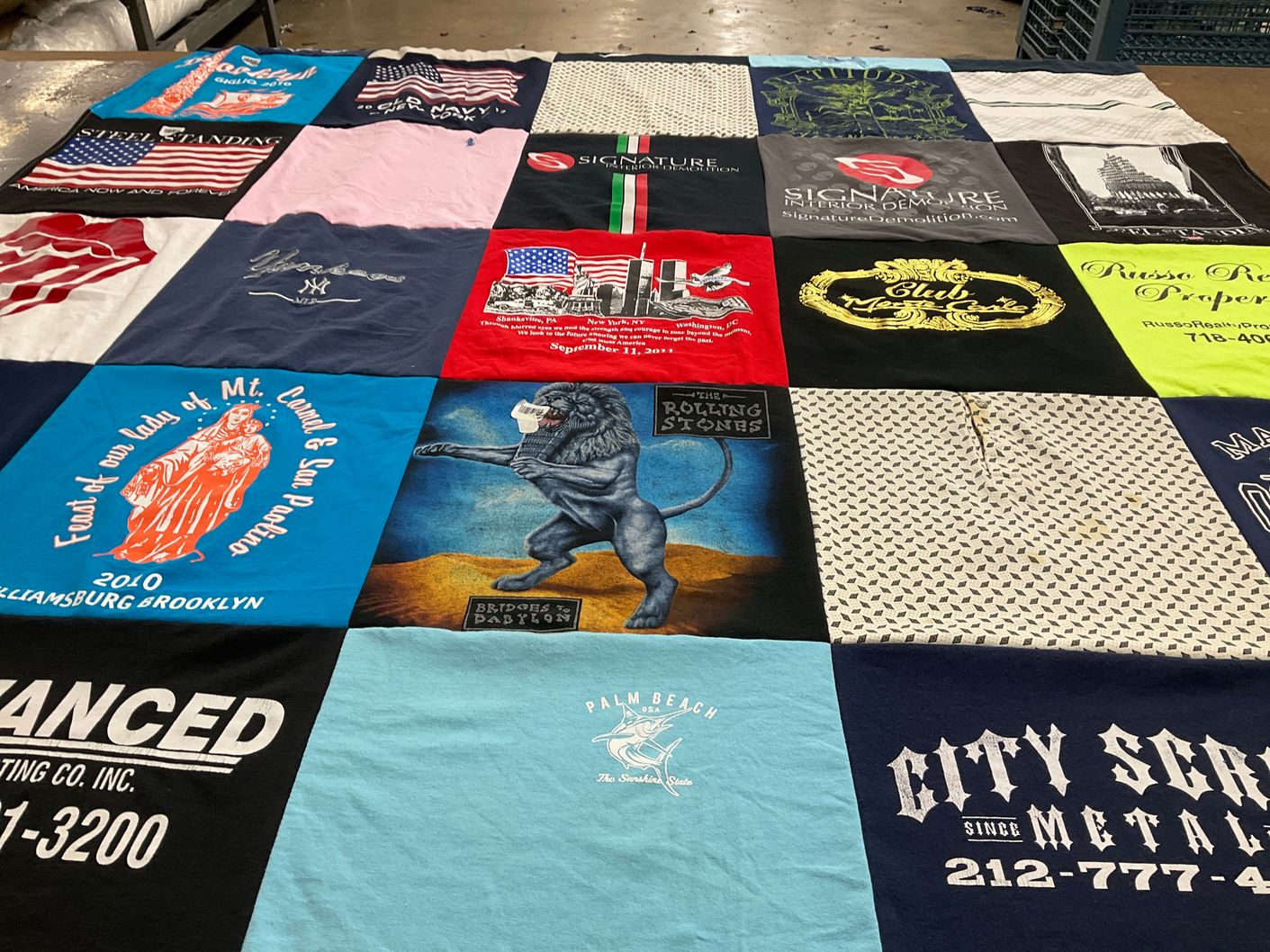 T-shirt quilt with music, demolition themes by Donna from NY