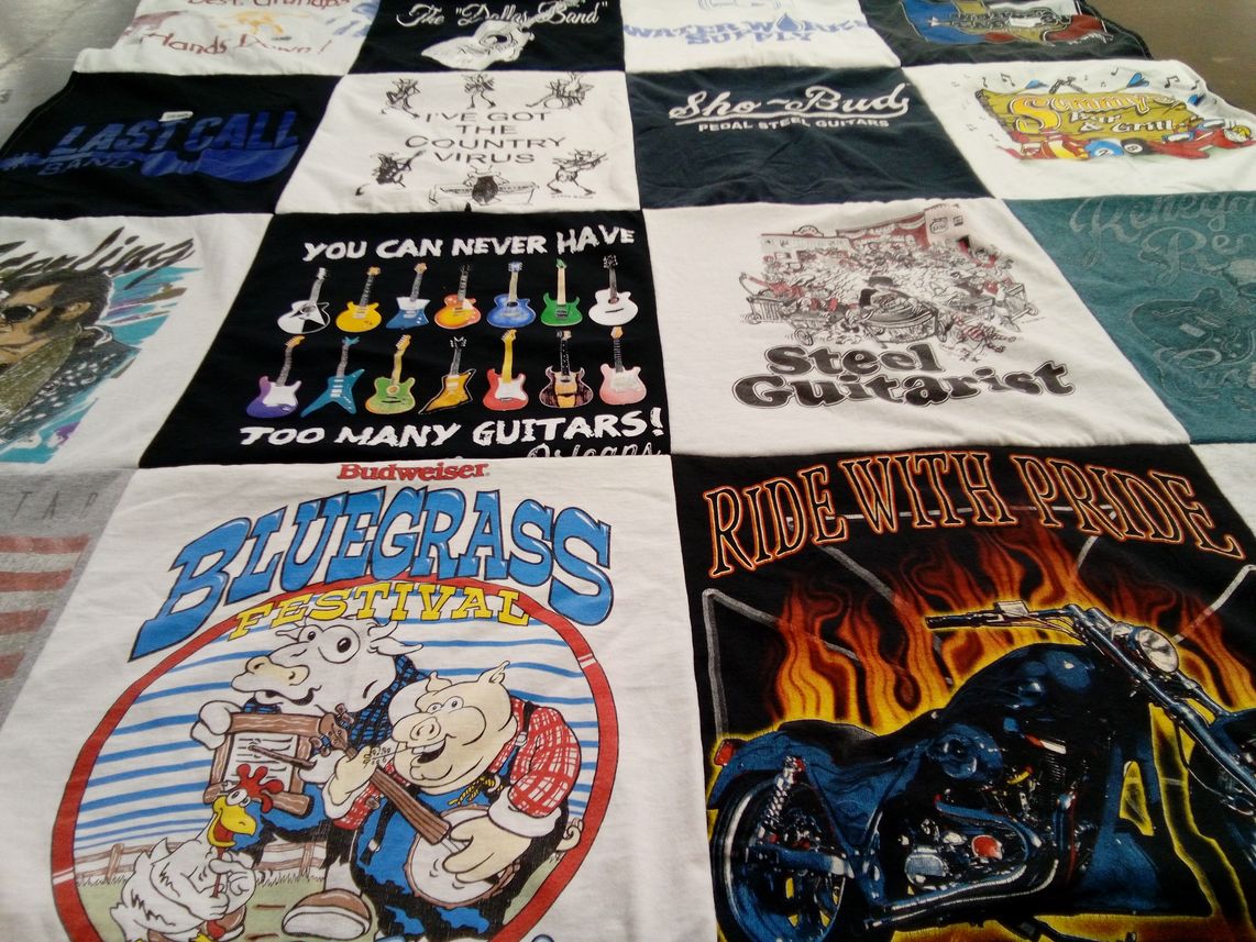 T-shirt quilt with music, bluegrass themes by Hilda from VA