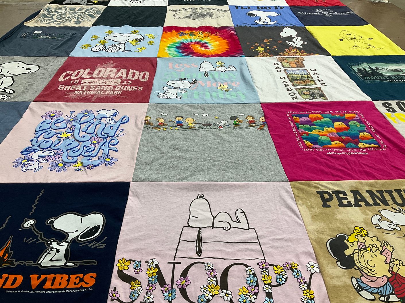 T-shirt quilt with cartoons, nature themes by Meredith from CO