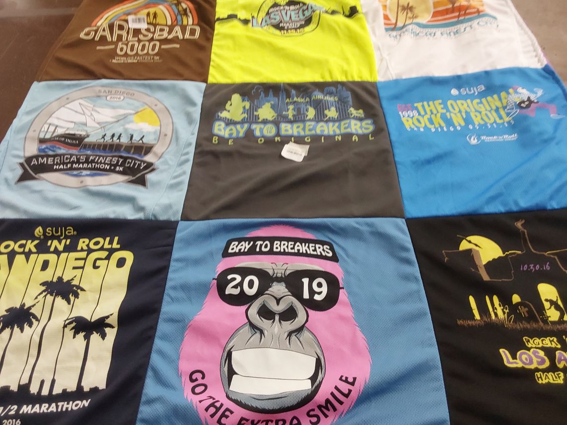 T-shirt quilt with running, marathons themes by Melinda from CA