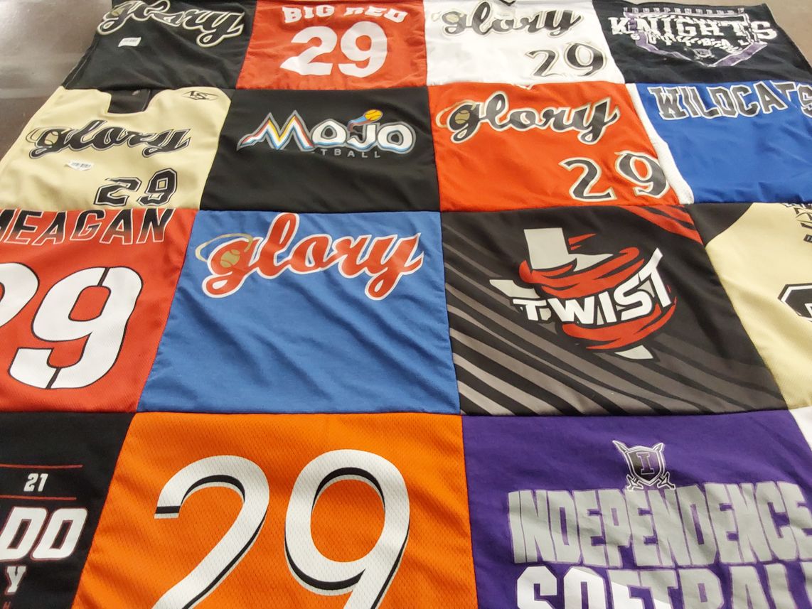 T-shirt quilt with sports, softball themes by John from TX