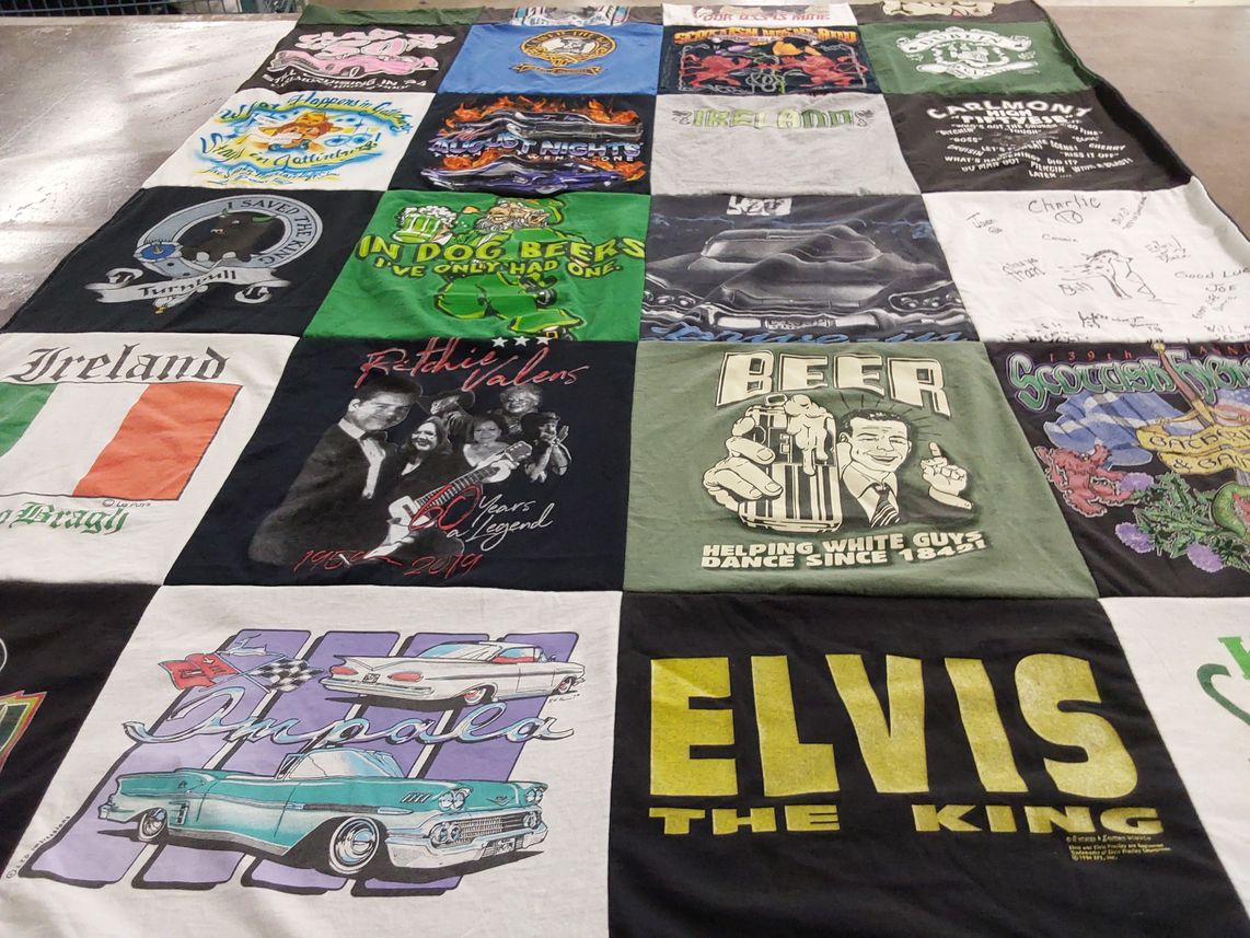 T-shirt quilt with music, automobiles themes by Debra from CA