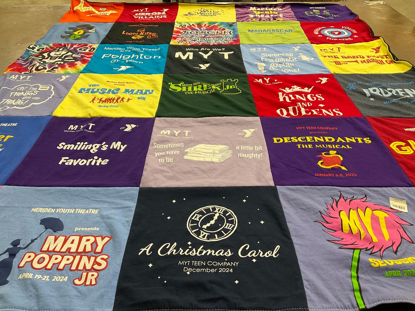 T-shirt quilt with theater, musicals themes by Sandra from CT
