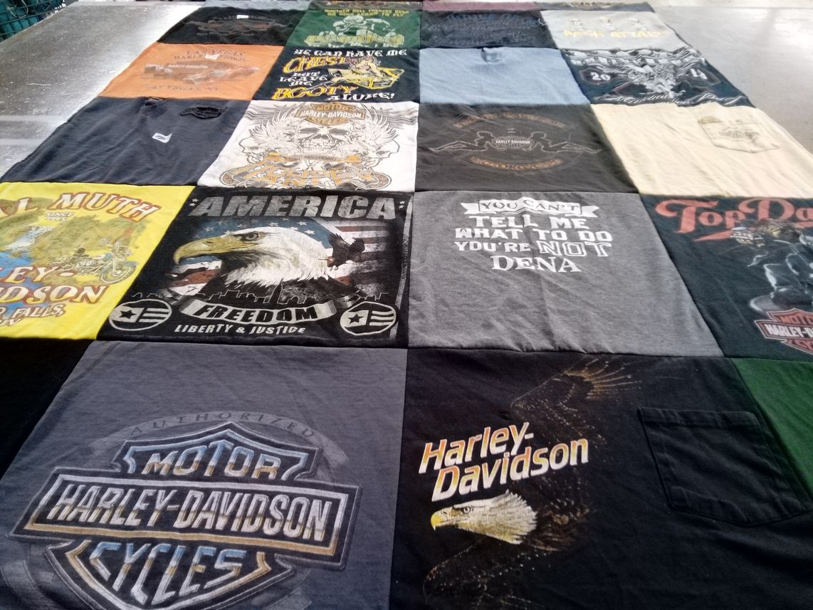 T-shirt quilt with motorcycles, biking themes by Dena from WI