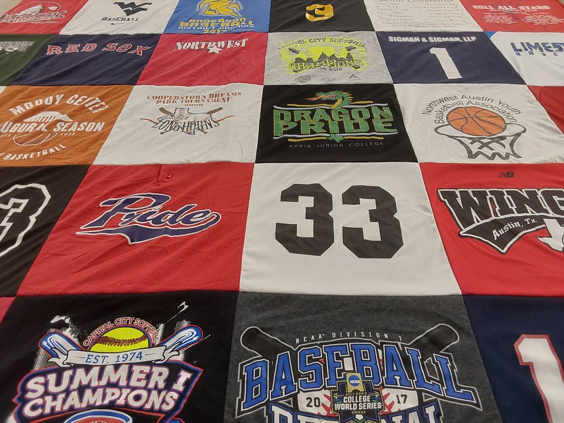 T-shirt quilt featuring longhorns, red sox by Pamela from TX
