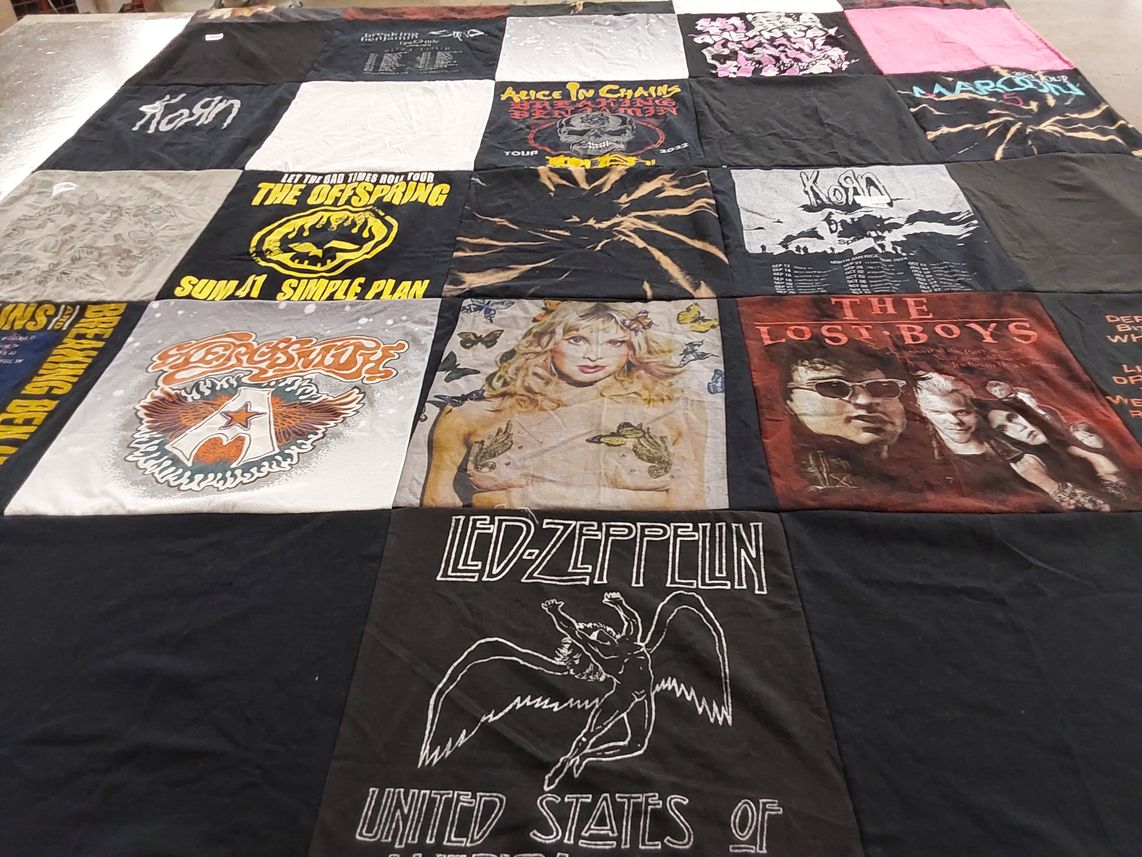 T-shirt quilt with music, rock themes by Hannah from NC