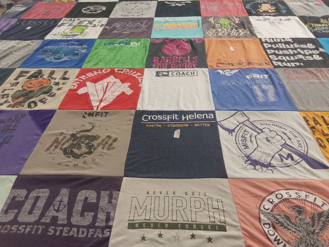 T-shirt quilt with fitness, crossfit themes by Emily from CA