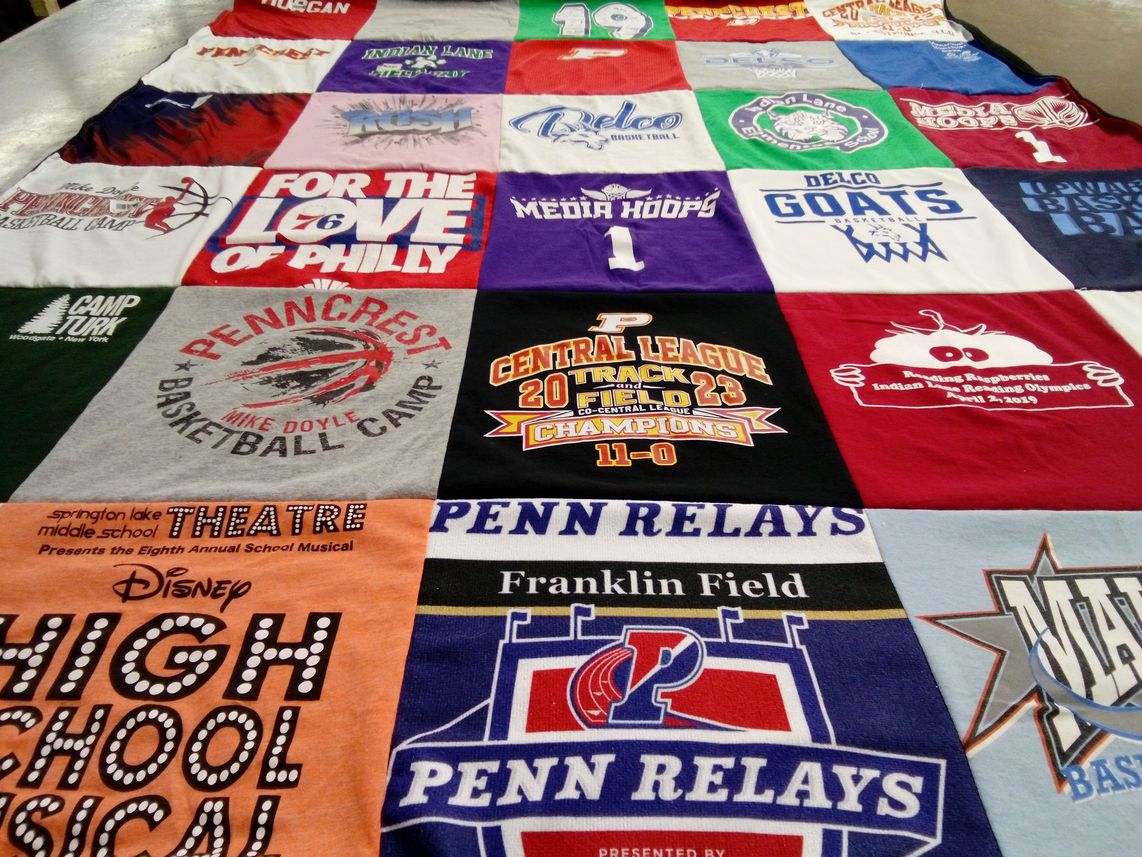 T-shirt quilt featuring delco goats, media hoops by amy from PA