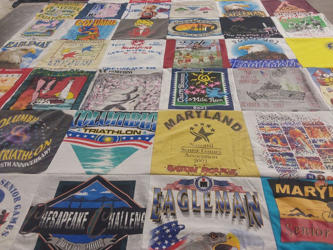 T-shirt quilt with sports, triathlons themes by Stacy from VA