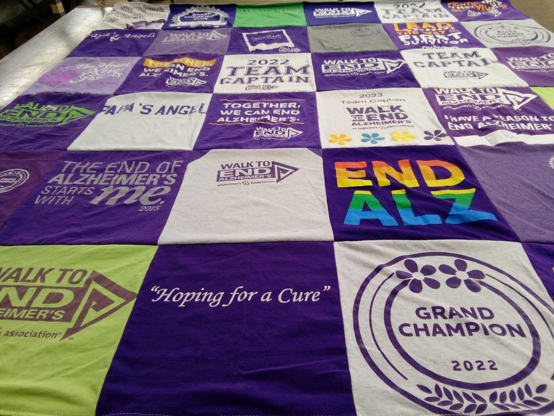 T-shirt quilt with alzheimers awareness, walking for charity themes by Shannon from MI