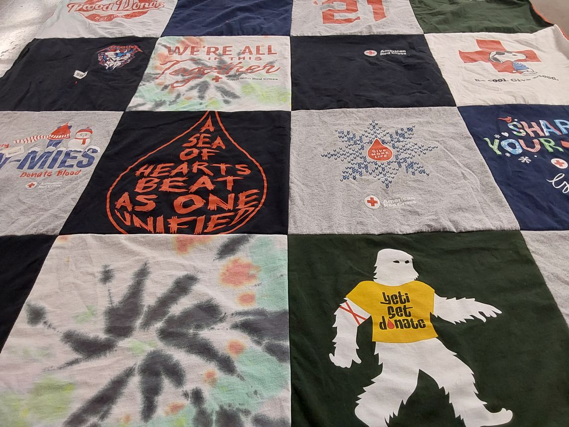 T-shirt quilt with blood donation, charity themes by Elizabeth from PA